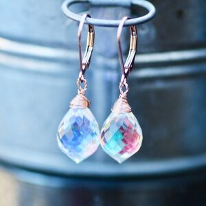 14K Gold Filled Rainbow Moonstone Briolette Earrings, Wire Wrapped
